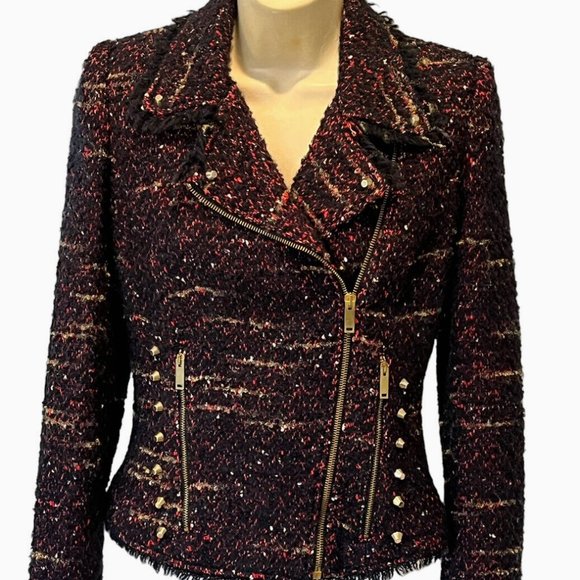 ZARA Burgundy Wool Tweed Boucle Asymmetric Zip Studded Moto Blazer Jacket. SZ M - Picture 2 of 6